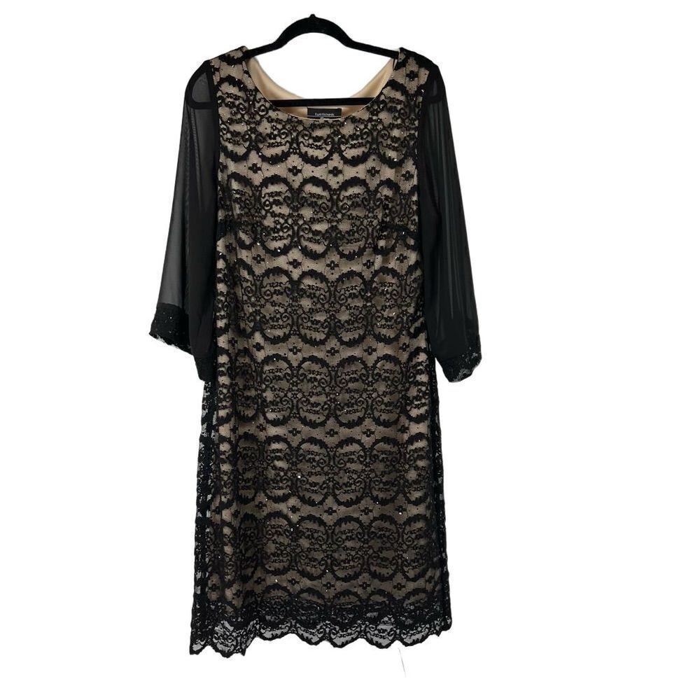 R&M Richards Black Tan Lace Long Sheer Sleeves Dress Womens 14W